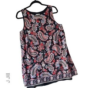 J JILL PAISLEY SPLIT BACK LAYERED BLACK TUNIC DRESS SLEEVELESS | SIZE: SMALL
